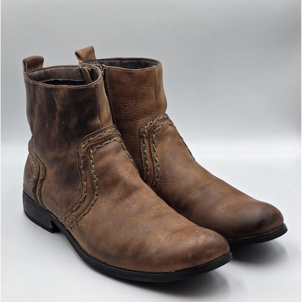 Bed Stu Revolution Distressed Brown Leather Square Toe Ankle Boots Zip Men's  12